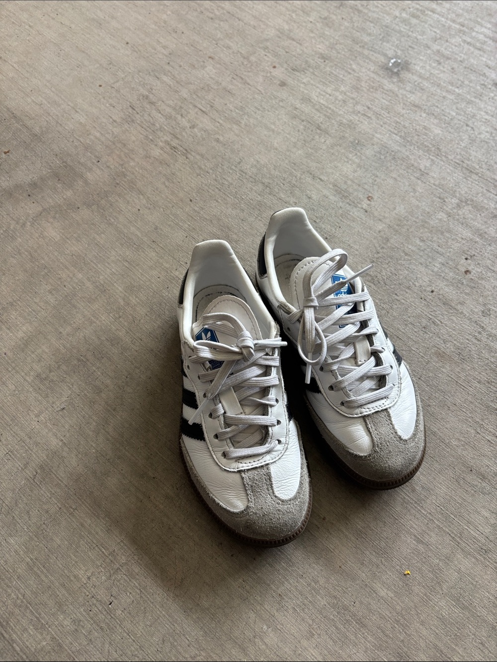 adidas White Sneakers with Black Stripes and Gray Suede